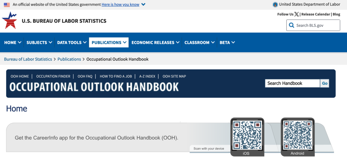 Screenshot of the occupational outlook handbook